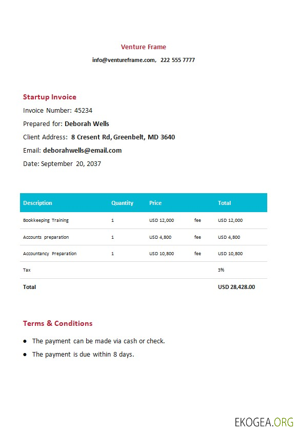 Modèle de facture de démarrage gratuit